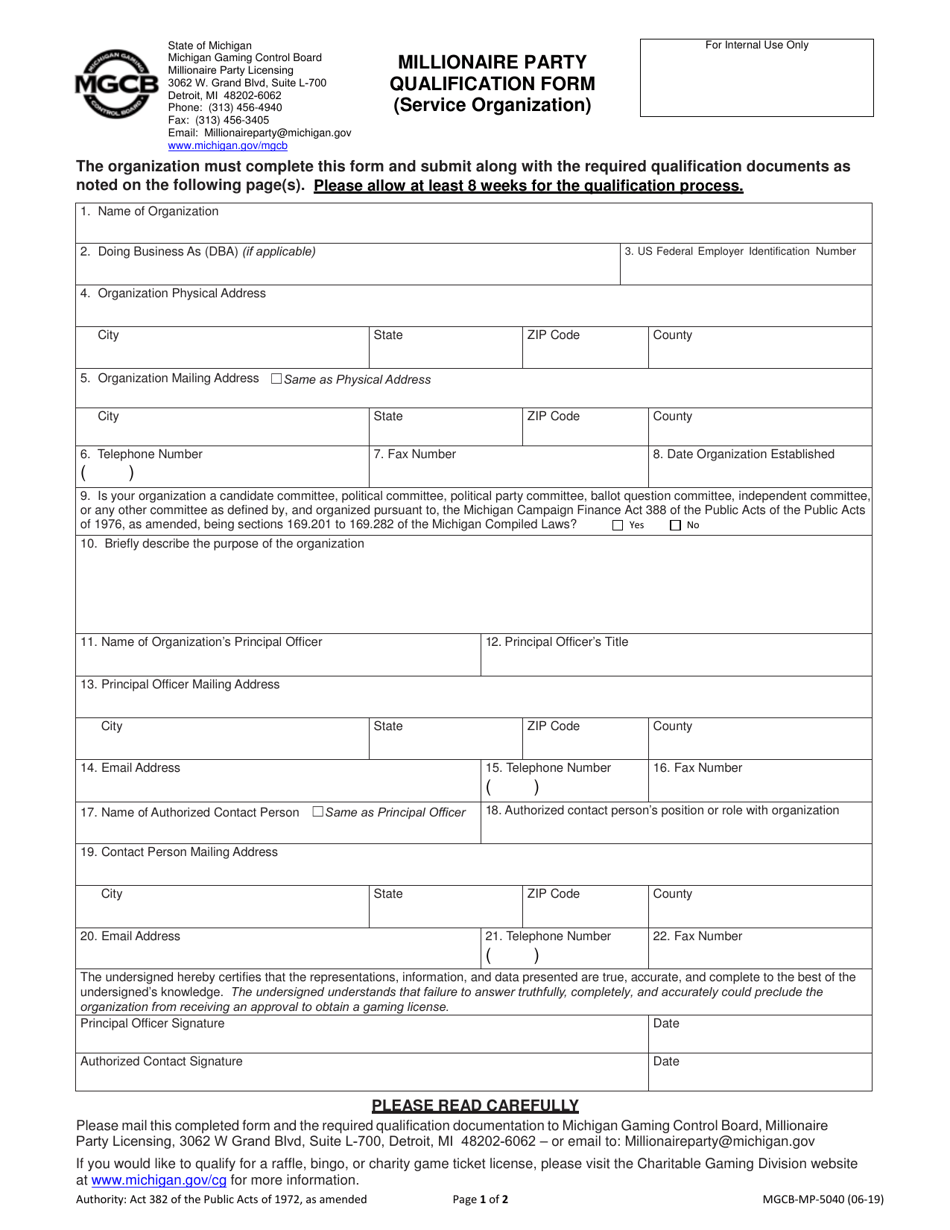 Form MGCB-MP-5040 Millionaire Party Qualification Form (Service Organization) - Michigan, Page 1