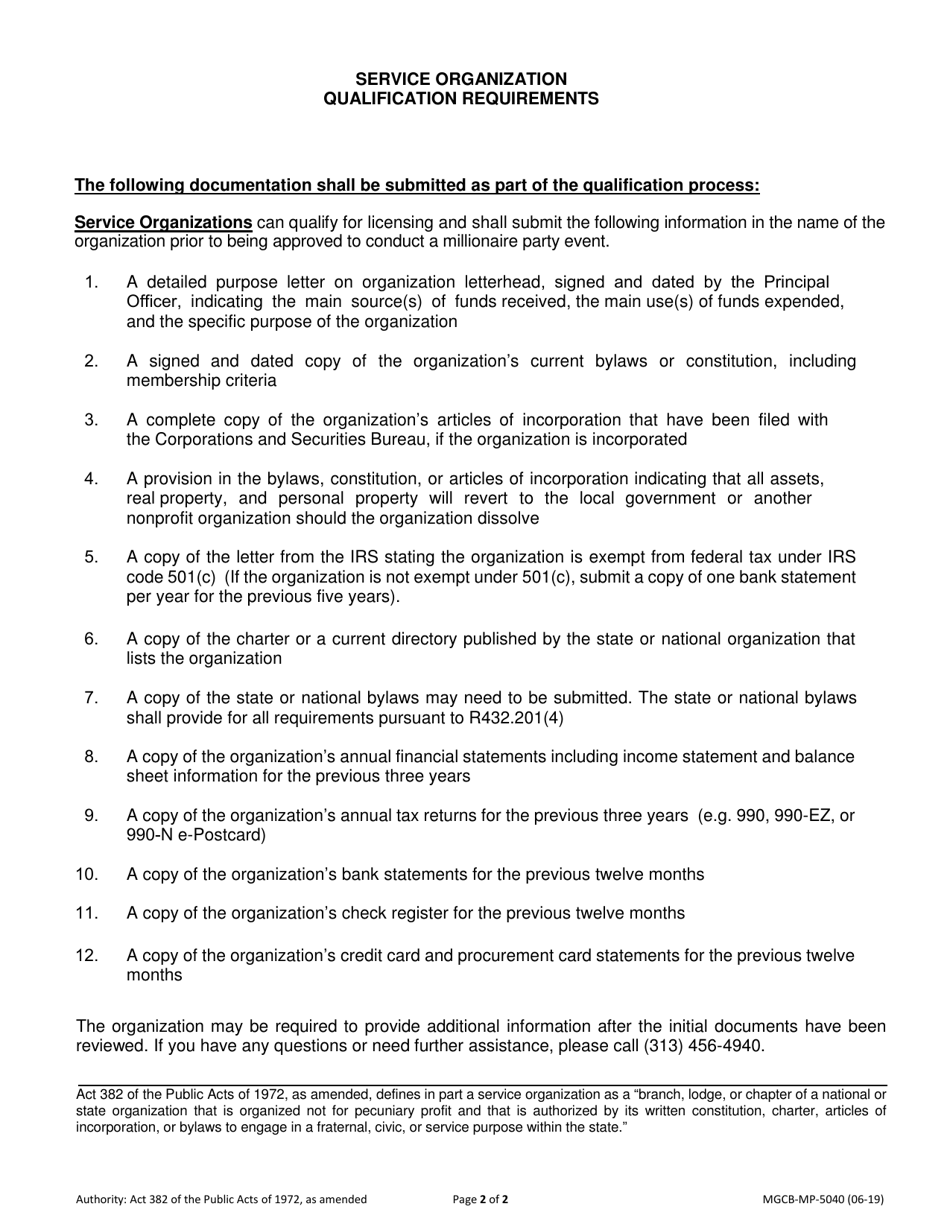 Form MGCB-MP-5040 Millionaire Party Qualification Form (Service Organization) - Michigan, Page 2