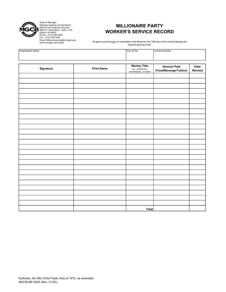 Form MGCB-MP-5025 Millionaire Party Workers Service Record - Michigan, Page 1