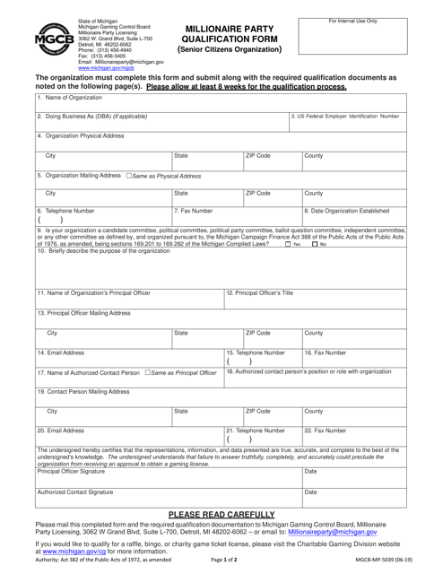 Form MGCB-MP-5039 Millionaire Party Qualification Form (Senior Citizens Organization) - Michigan