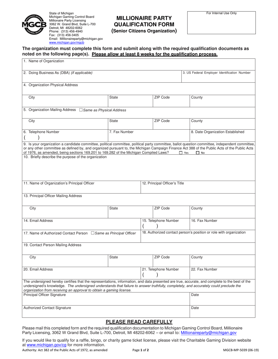 Form MGCB-MP-5039 Millionaire Party Qualification Form (Senior Citizens Organization) - Michigan, Page 1