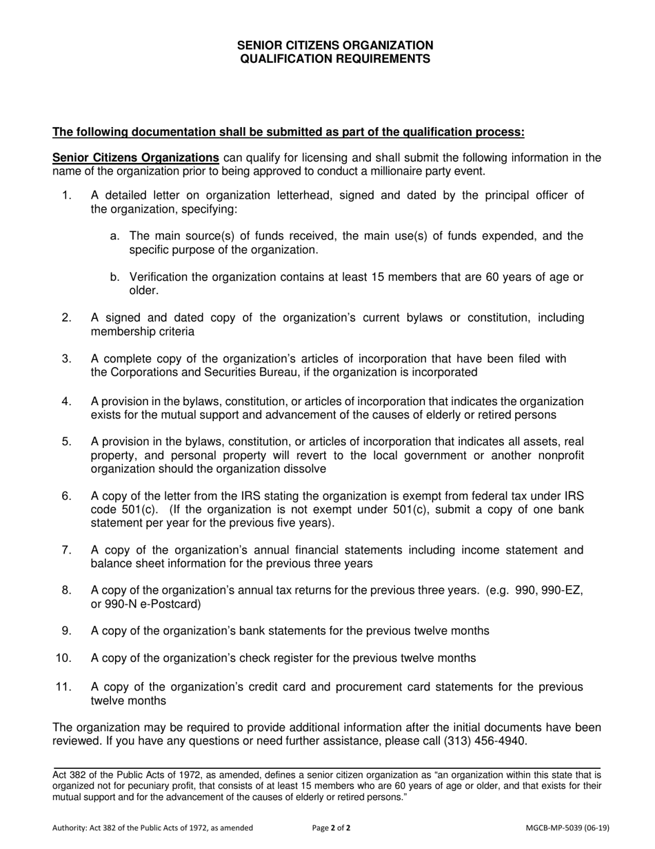 Form MGCB-MP-5039 Millionaire Party Qualification Form (Senior Citizens Organization) - Michigan, Page 2