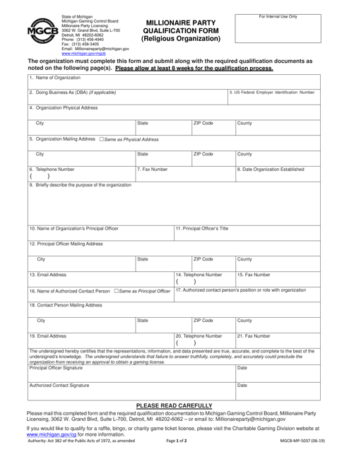 Form MGCB-MP-5037 Millionaire Party Qualification Form (Religious Organization) - Michigan
