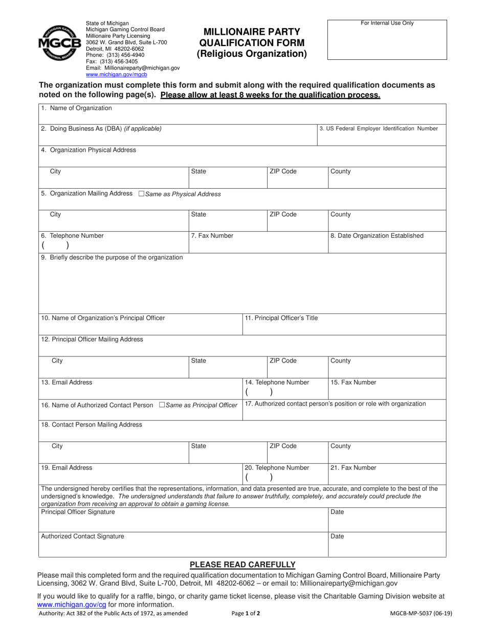 Form MGCB-MP-5037 Millionaire Party Qualification Form (Religious Organization) - Michigan, Page 1