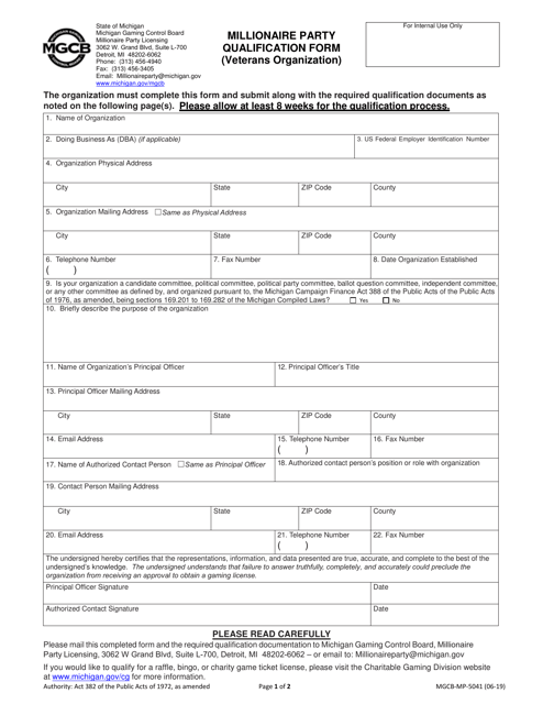 Form MGCB-MP-5041 Millionaire Party Qualification Form (Veterans Organization) - Michigan