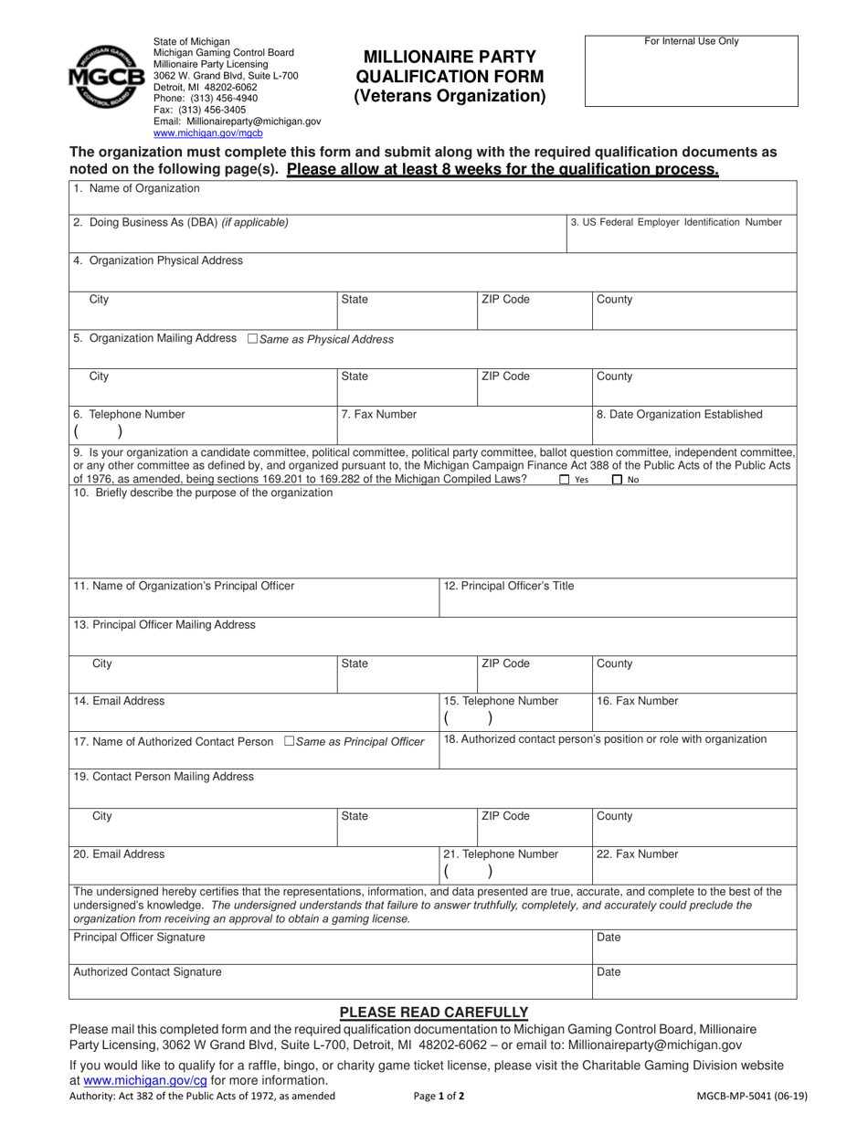 Form MGCB-MP-5041 Millionaire Party Qualification Form (Veterans Organization) - Michigan, Page 1