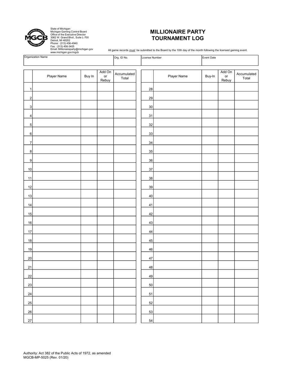 Form MGCB-MP-5025 Millionaire Party Tournament Log - Michigan, Page 1