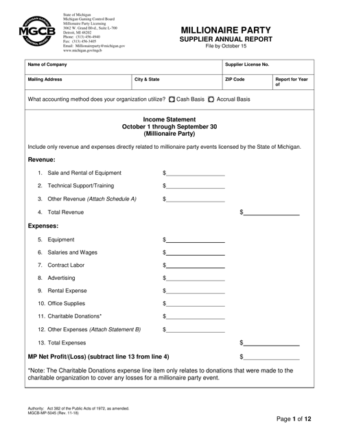 Form MGCB-MP-5045 Millionaire Party Supplier Annual Report - Michigan