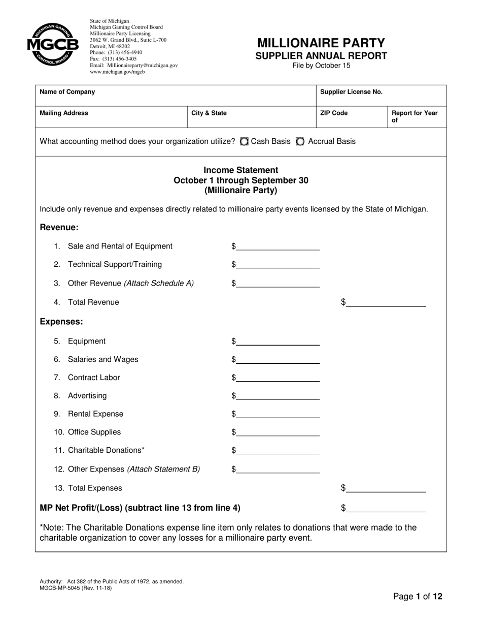 Form MGCB-MP-5045 Millionaire Party Supplier Annual Report - Michigan, Page 1