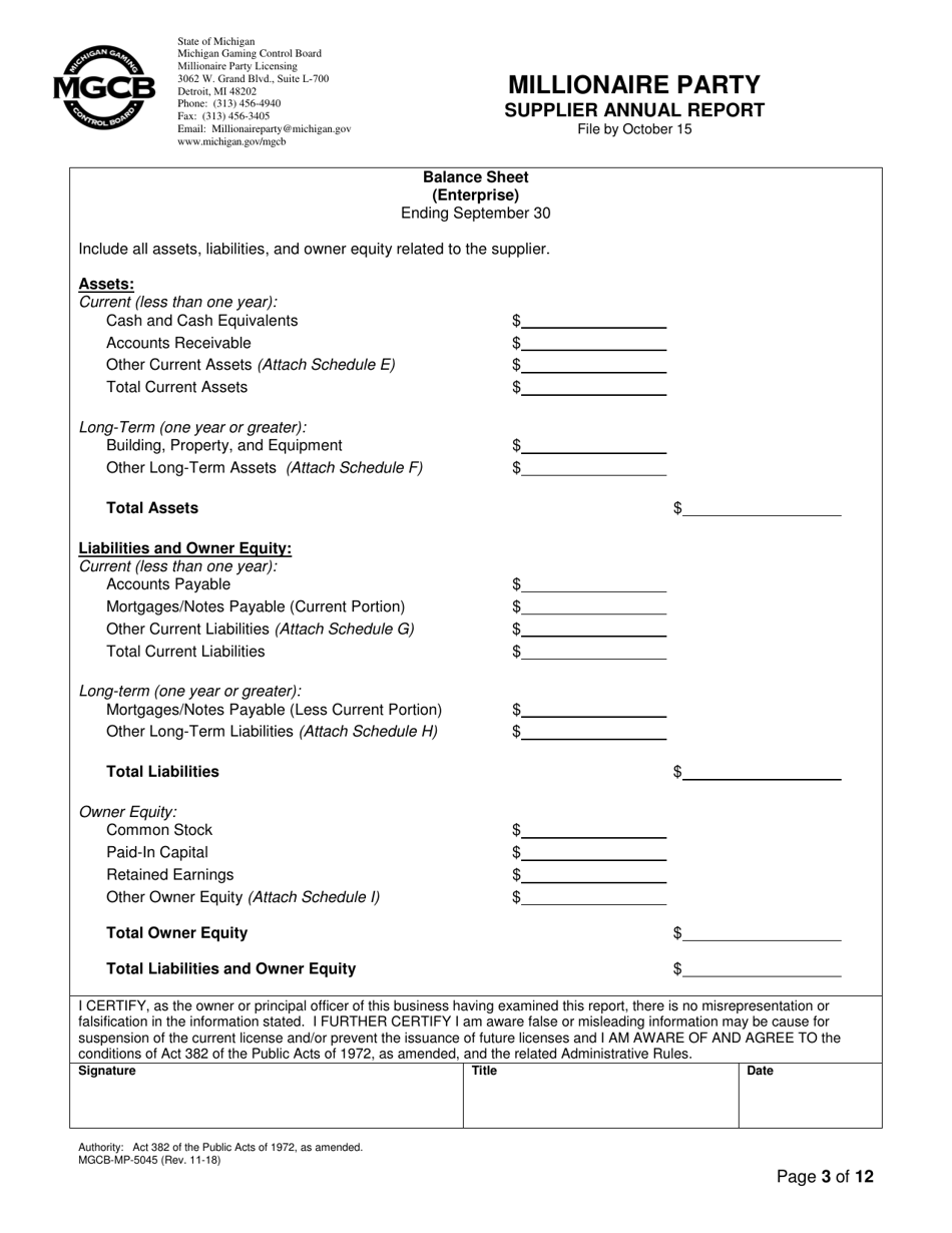 Form MGCB-MP-5045 Millionaire Party Supplier Annual Report - Michigan, Page 3