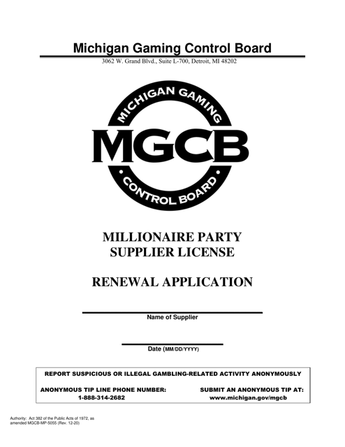 Form MGCB-MP-5055 Millionaire Party Supplier License Renewal Application - Michigan