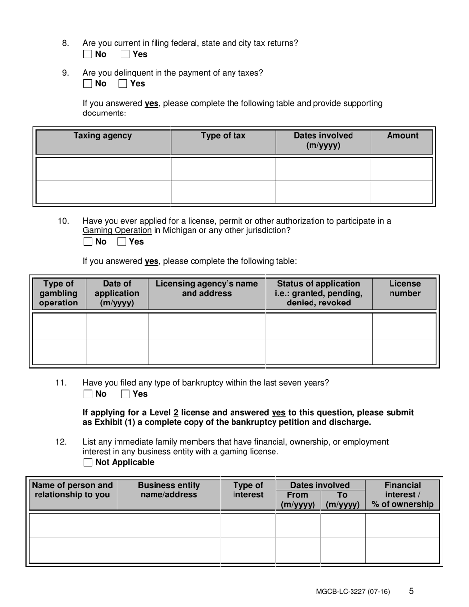 Form MGCB-LC-3227 Occupational License Application - Michigan, Page 5