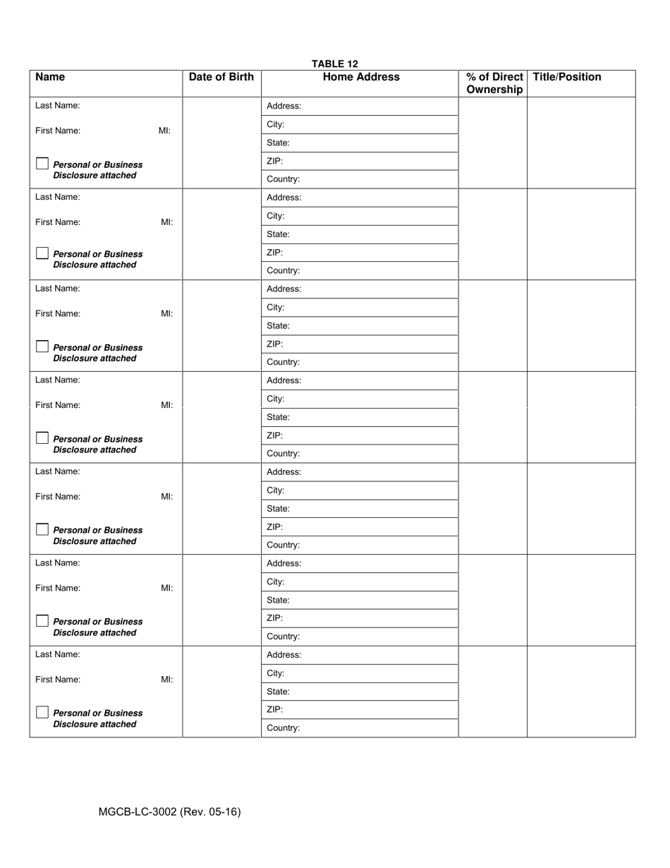 Form MGCB-LC-3002 Business Disclosure Tables - Michigan, Page 13