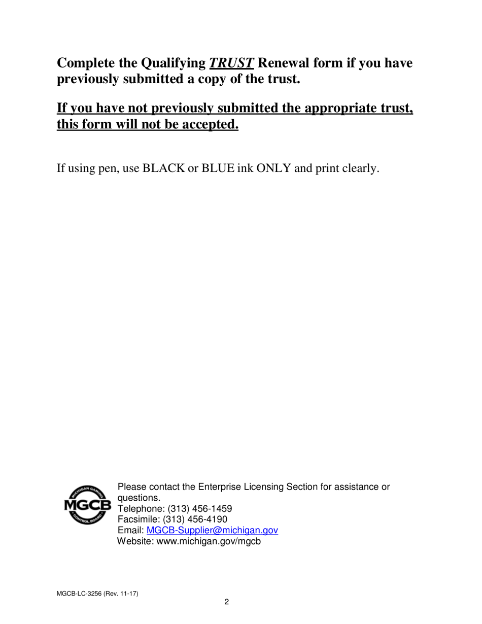 Form MGCB-LC-3256 Qualifier Renewal Statement of Continued Eligibility for Trusts of a Licensee - Michigan, Page 2