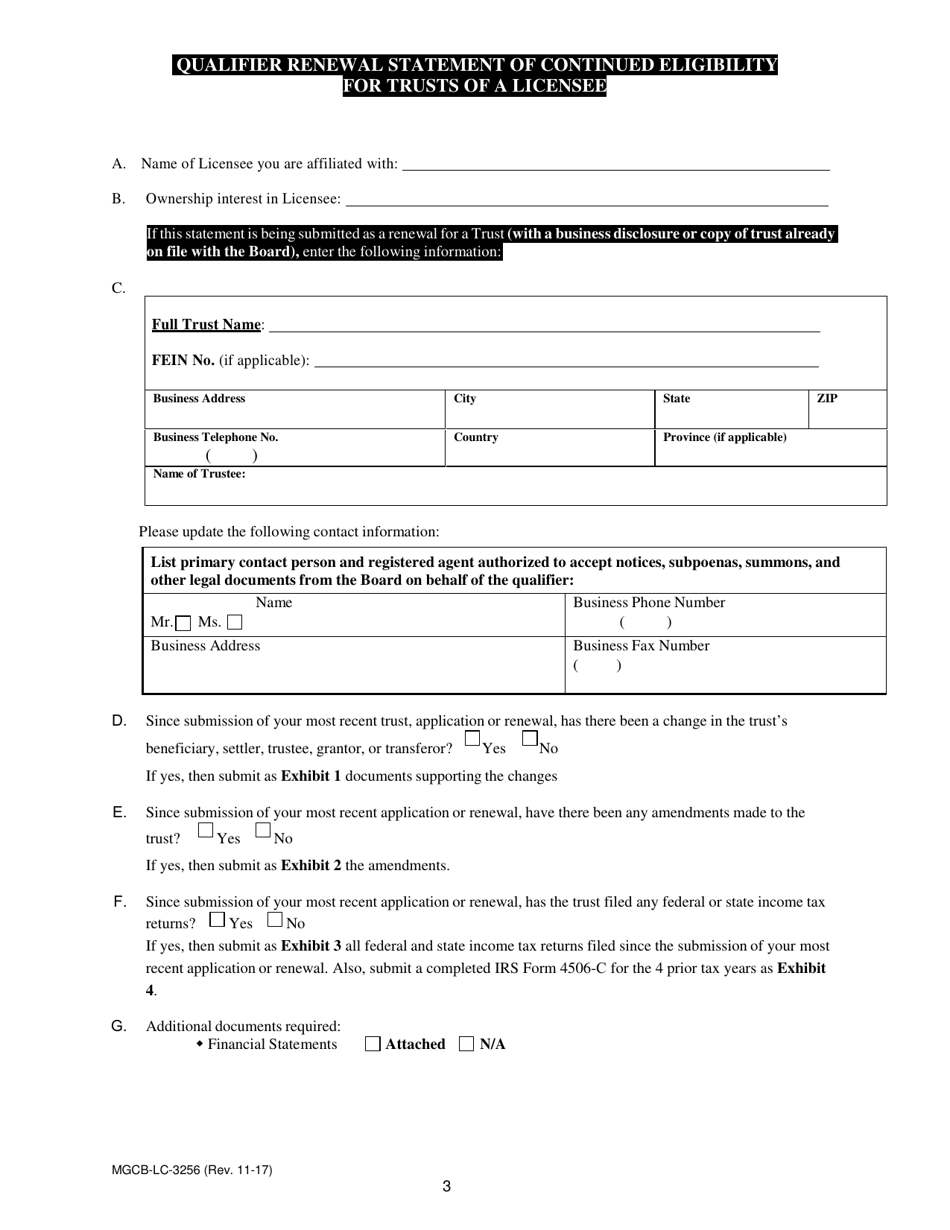 Form MGCB-LC-3256 Qualifier Renewal Statement of Continued Eligibility for Trusts of a Licensee - Michigan, Page 3