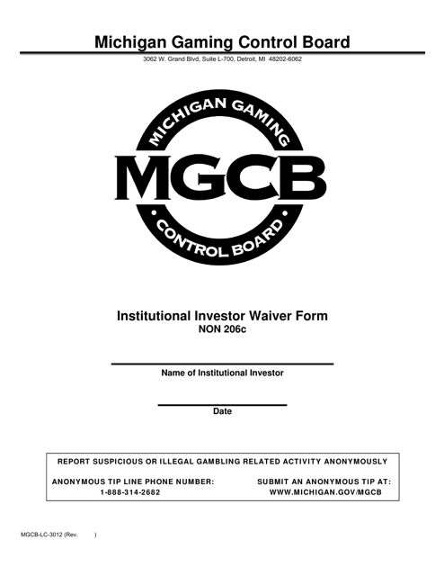 Form MGCB-LC-3012 Institutional Investor Waiver Form - Non 206c - Michigan