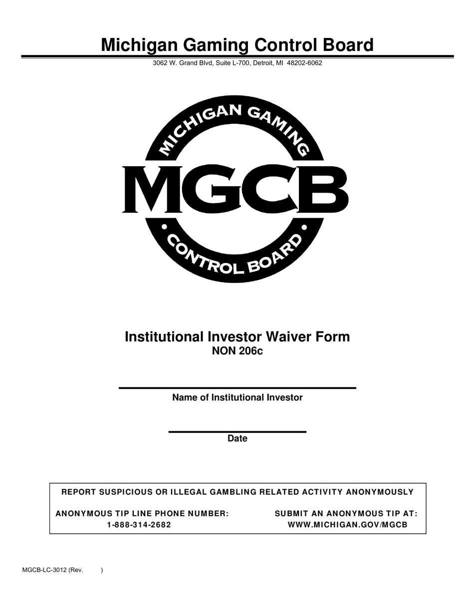 Form MGCB-LC-3012 Institutional Investor Waiver Form - Non 206c - Michigan, Page 1