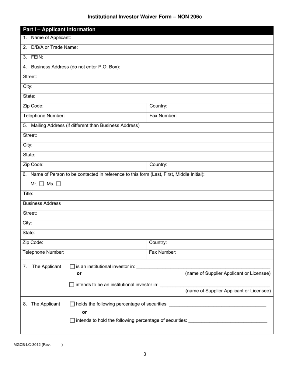 Form MGCB-LC-3012 Institutional Investor Waiver Form - Non 206c - Michigan, Page 3