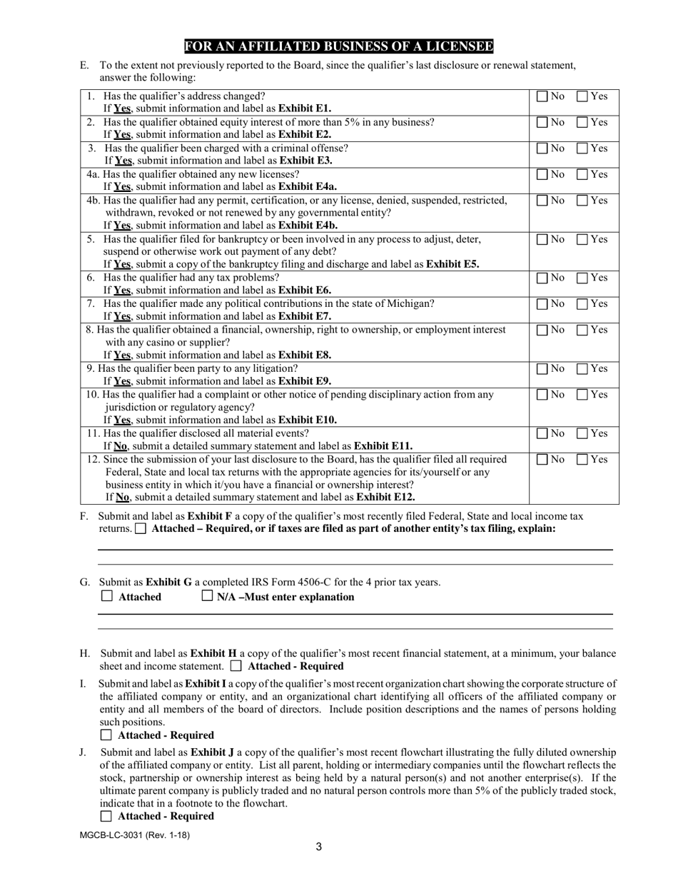 Form MGCB-LC-3031 Qualifier Renewal - Affiliated Business - Michigan, Page 3