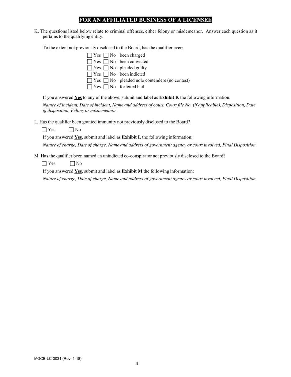 Form MGCB-LC-3031 Qualifier Renewal - Affiliated Business - Michigan, Page 4