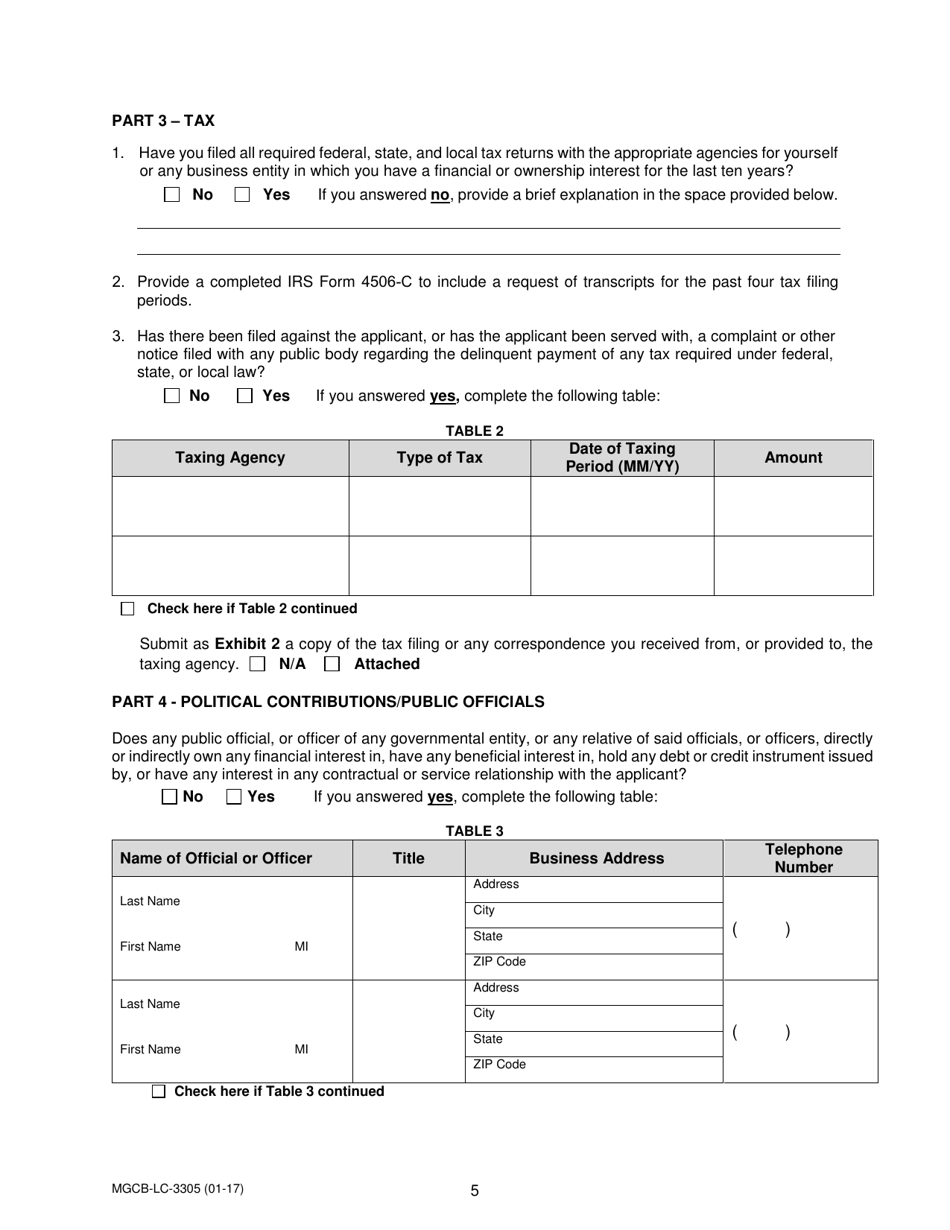 Form MGCB-LC-3305 Supplement to Multi-Jurisdictional Business Form - Michigan, Page 5