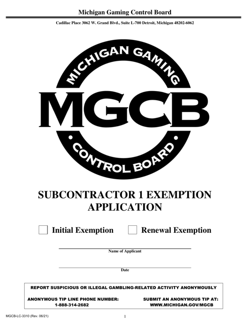 Form MGCB-LC-3310 Subcontractor 1 Exemption Application - Michigan