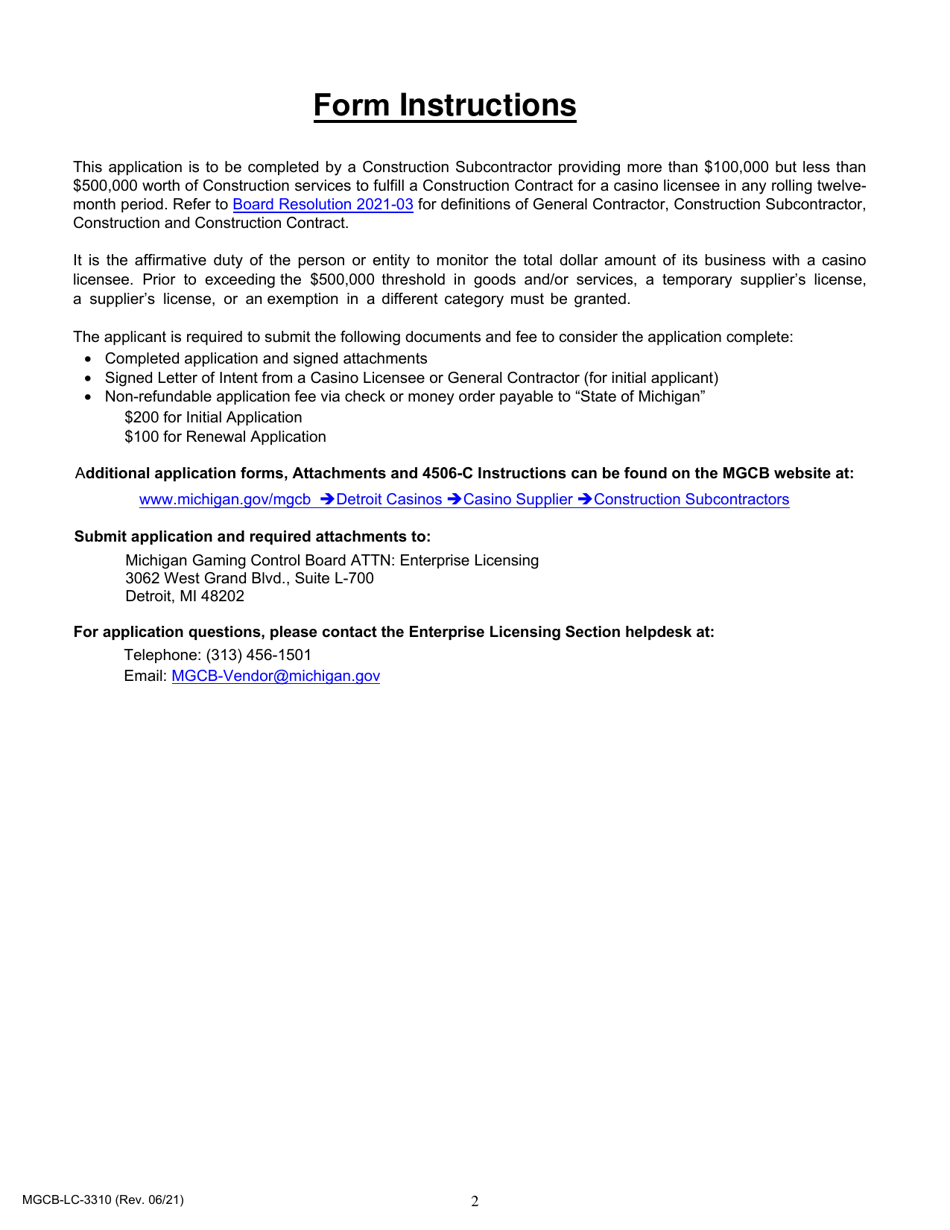 Form MGCB-LC-3310 Subcontractor 1 Exemption Application - Michigan, Page 2