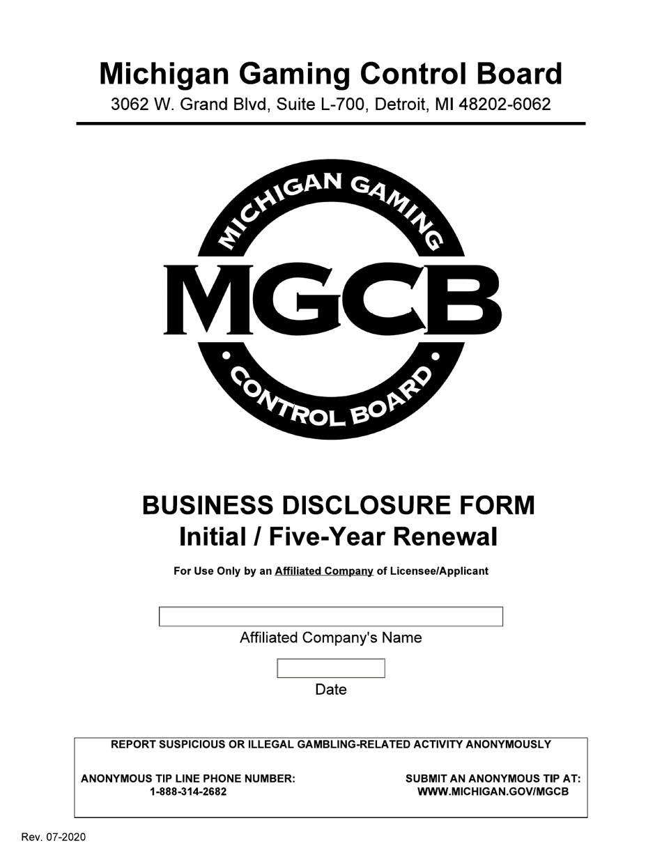 Business Disclosure Form - Initial / Five-Year Renewal - Michigan, Page 1