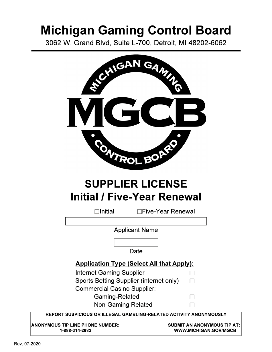 Supplier License - Initial / Five-Year Renewal - Michigan, Page 1