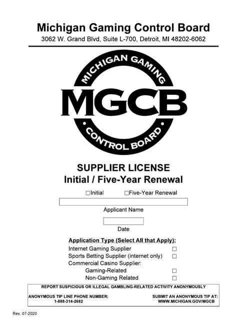 Supplier License - Initial / Five-Year Renewal - Michigan Download Pdf