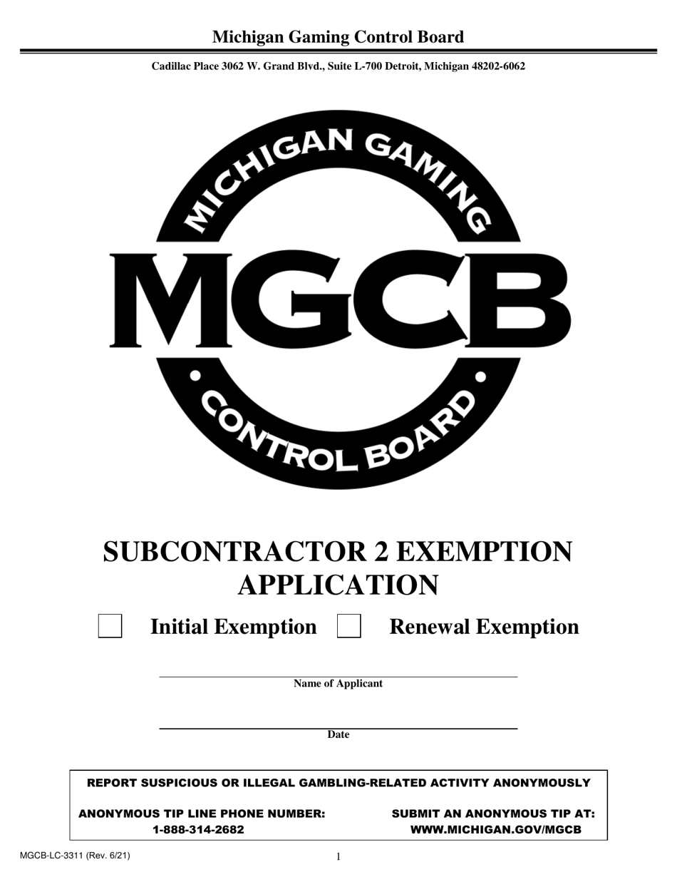 Form MGCB-LC-3311 Subcontractor 2 Exemption Application - Michigan, Page 1