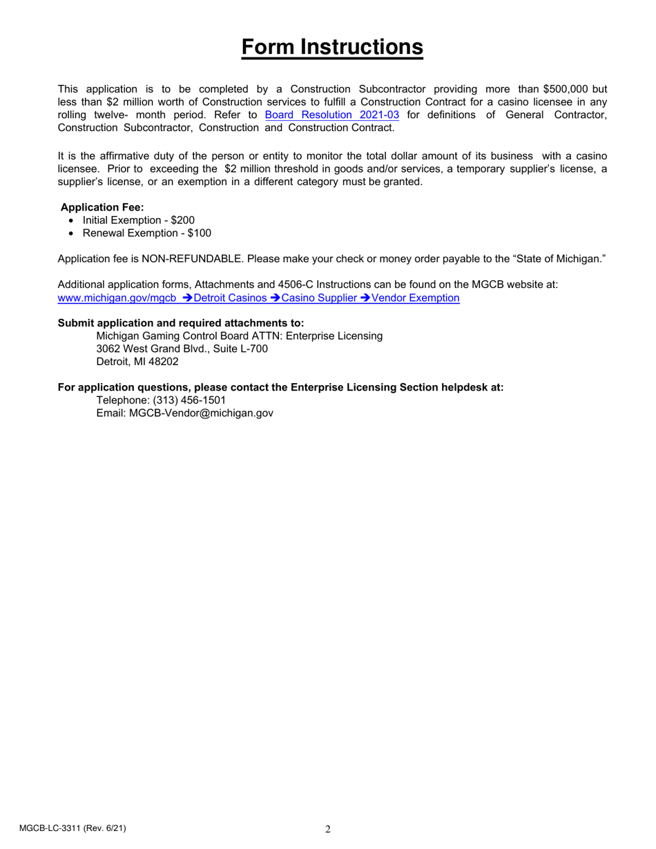Form MGCB-LC-3311 Subcontractor 2 Exemption Application - Michigan, Page 2