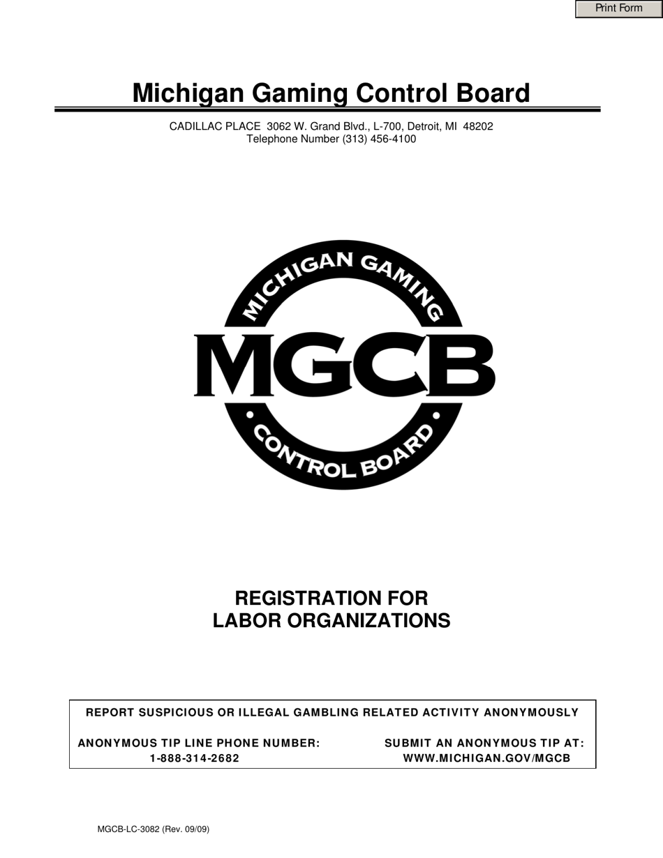 Form MGCB-LC-3082 Labor Organization Registration Form - Michigan, Page 1