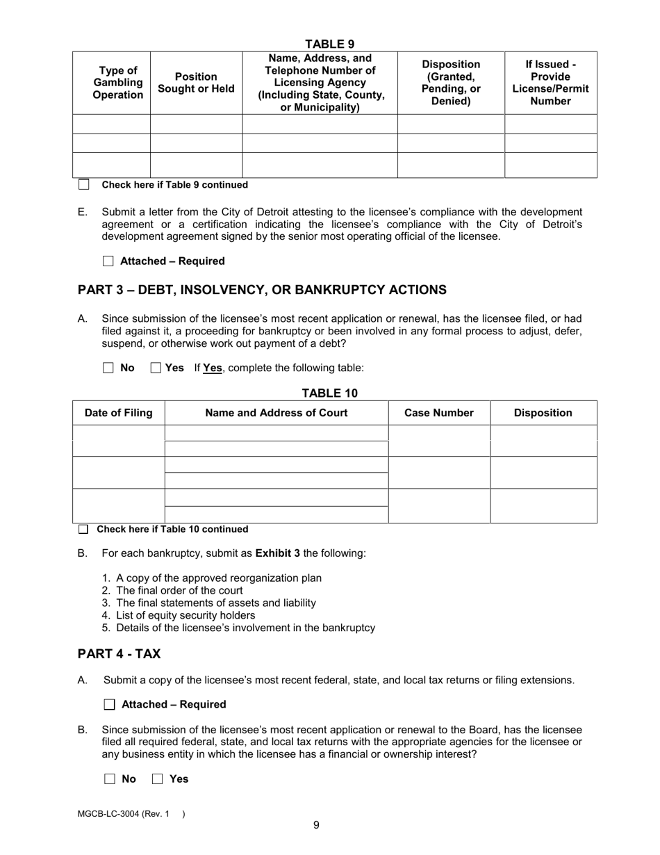 Form MGCB-LC-3004 Casino License Annual Renewal Report - Michigan, Page 9
