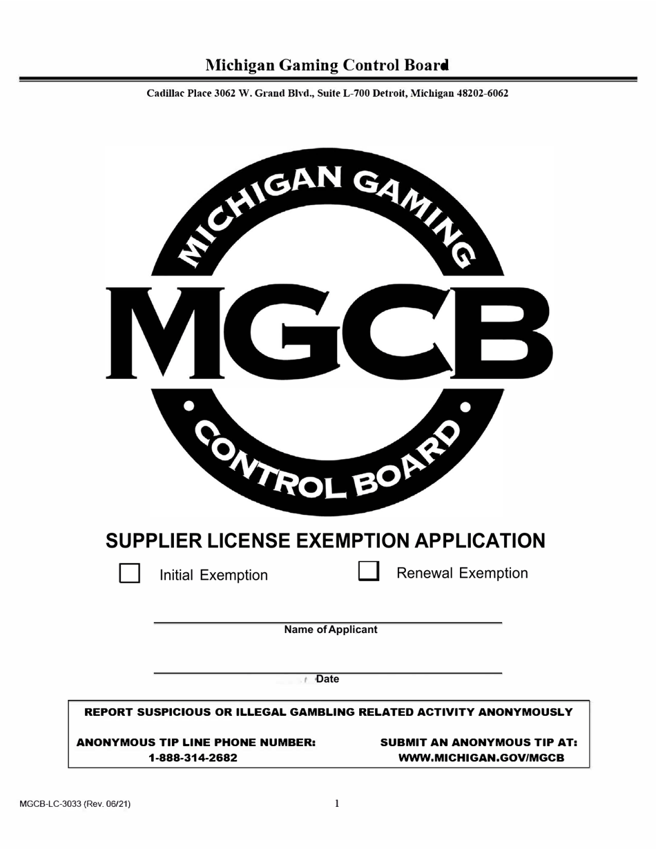 Form MGCB-LC-3033 Supplier License Exemption Application - Michigan, Page 1