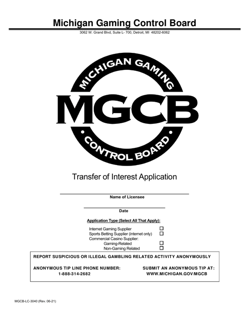 Document preview: Form MGCB-LC-3040 Transfer of Interest Application - Michigan