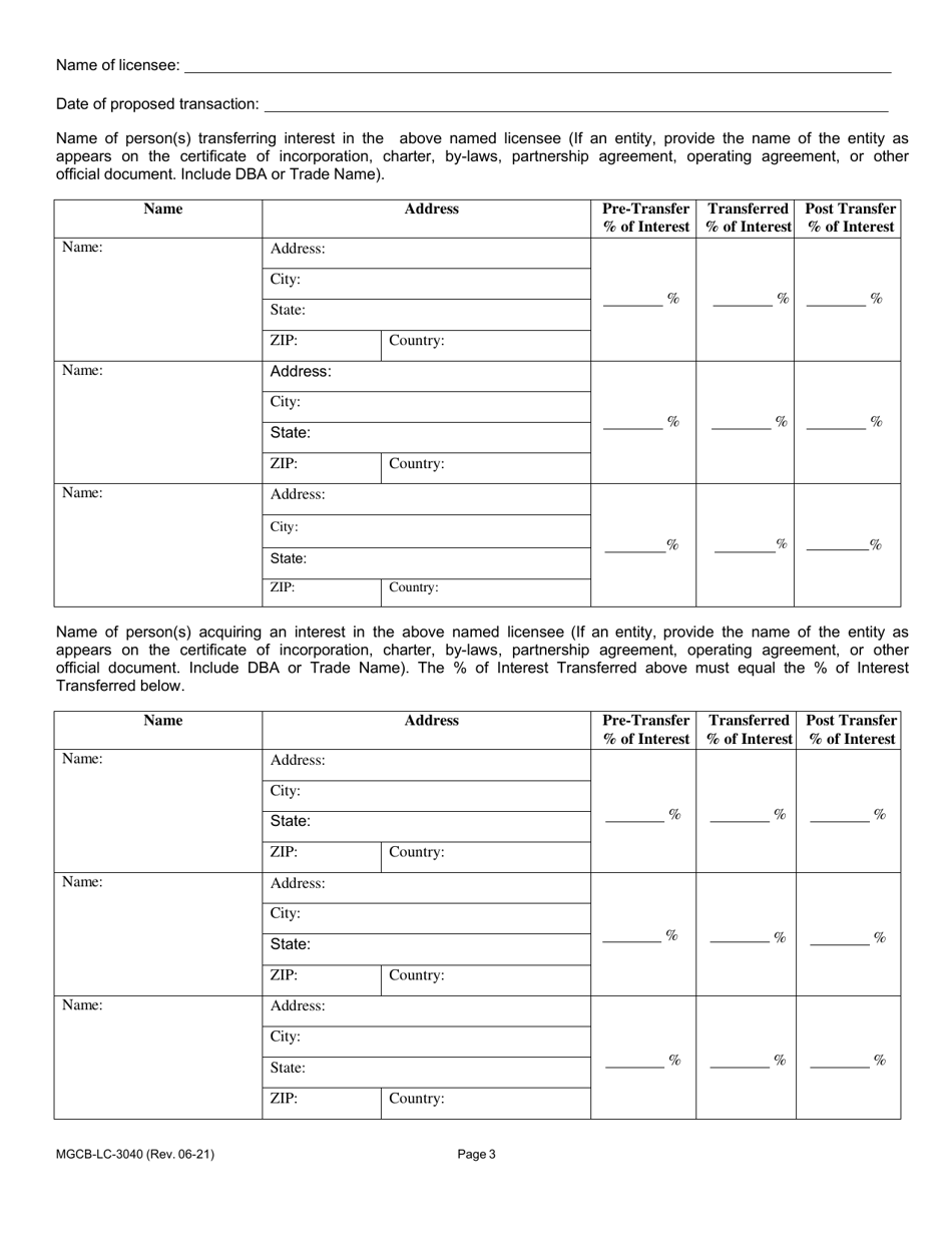 Form MGCB-LC-3040 Transfer of Interest Application - Michigan, Page 3