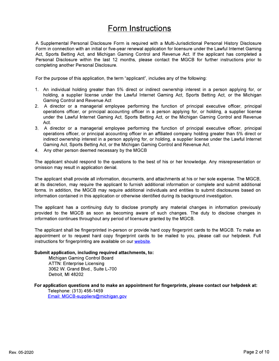 Supplemental Personal Disclosure Form - Initial / Five-Year Renewal - Michigan, Page 2