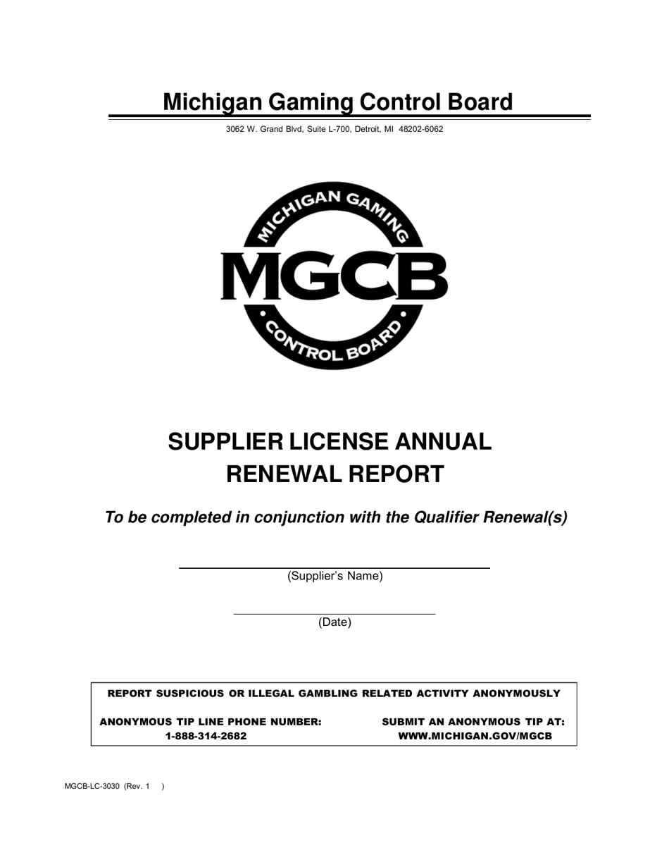 Form MGCB-LC-3030 Supplier License Annual Renewal Report - Michigan, Page 1