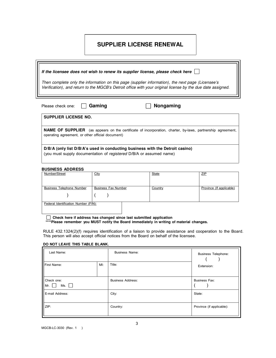 Form MGCB-LC-3030 Supplier License Annual Renewal Report - Michigan, Page 3