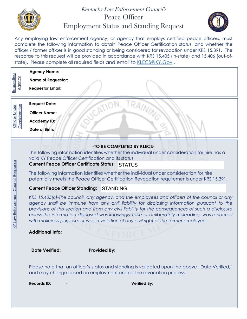 Peace Officer Employment Status and Standing Request - Kentucky, Page 1