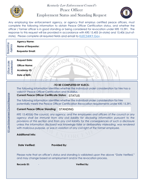 Peace Officer Employment Status and Standing Request - Kentucky Download Pdf