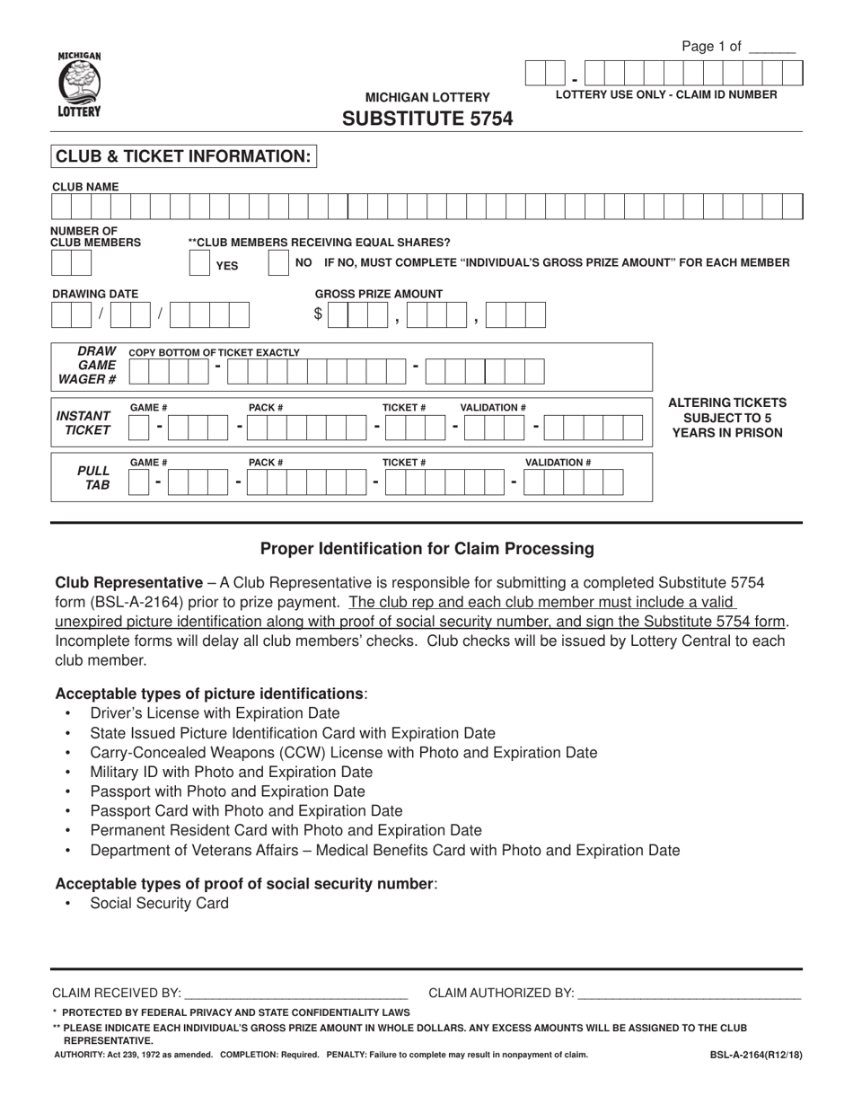 Form BSL-A-2164 Substitute 5754 Form for Club Winnings - Michigan, Page 1