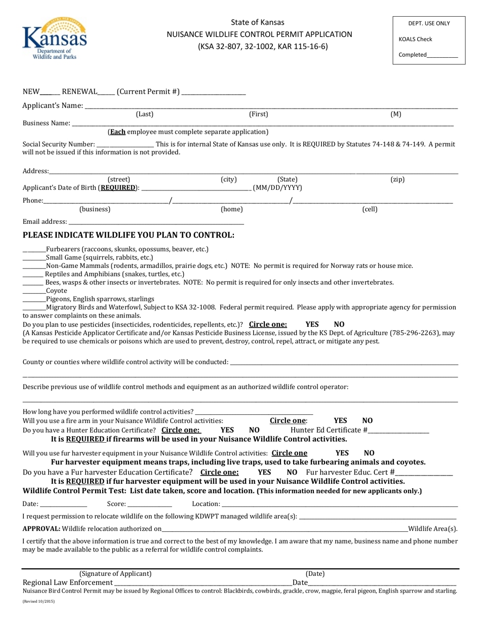 Nuisance Wildlife Control Permit Application - Kansas, Page 1