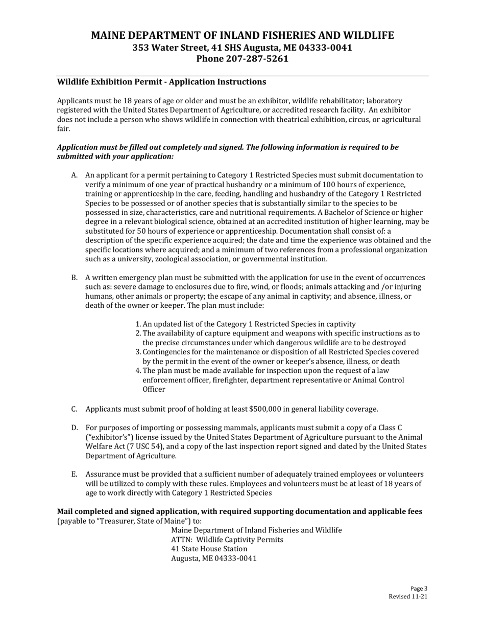 Wildlife Exhibition Permit Application - Maine, Page 3