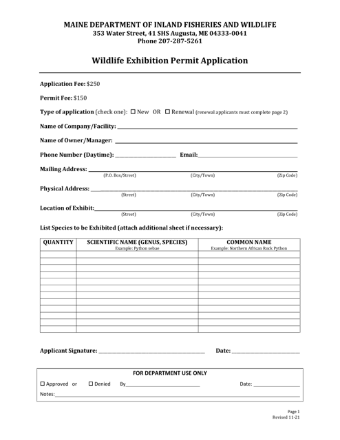 Wildlife Exhibition Permit Application - Maine Download Pdf