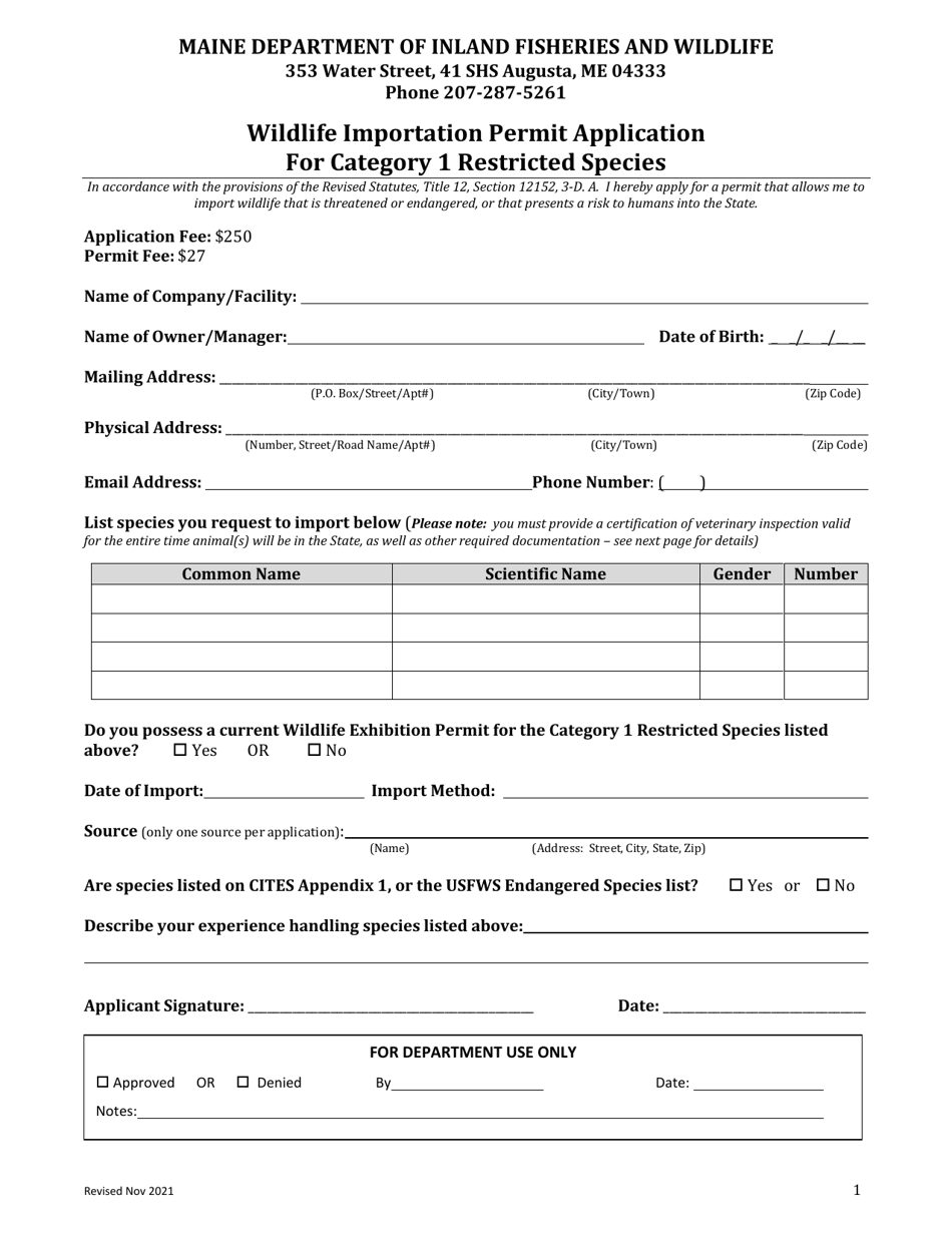 Wildlife Importation Permit Application for Category 1 Restricted Species - Maine, Page 1