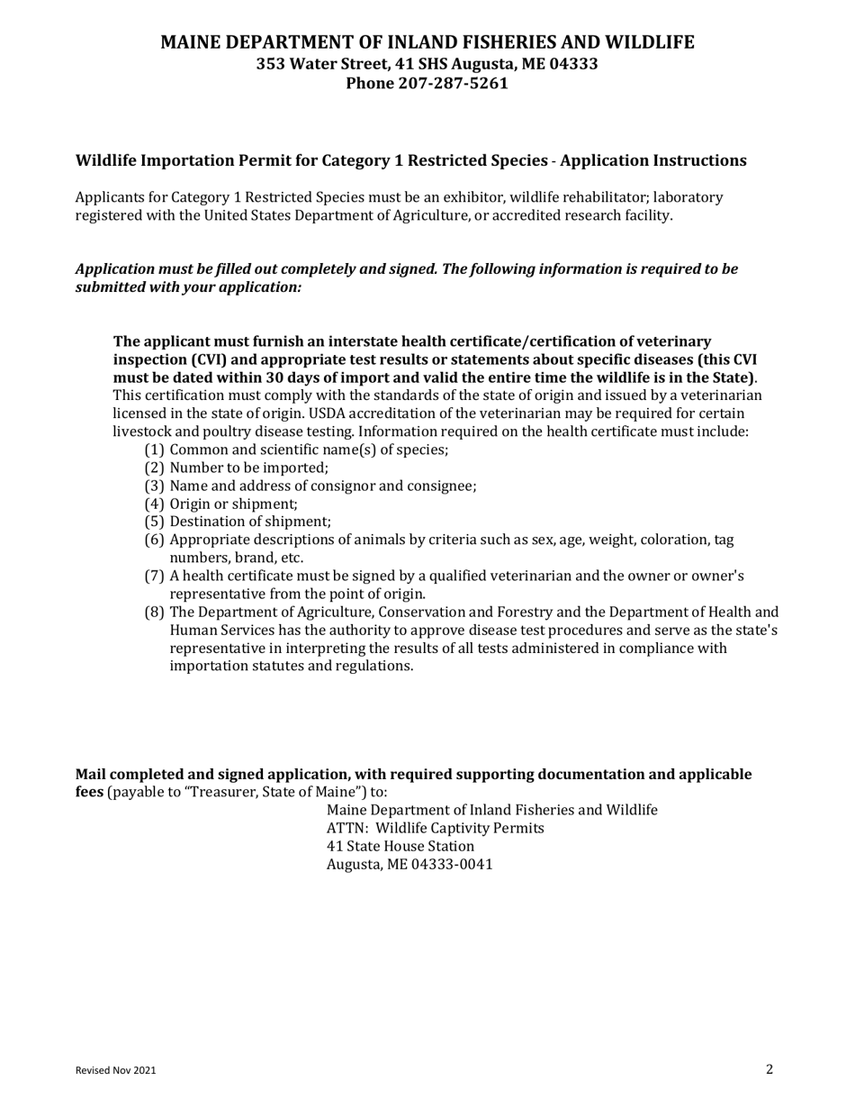 Wildlife Importation Permit Application for Category 1 Restricted Species - Maine, Page 2