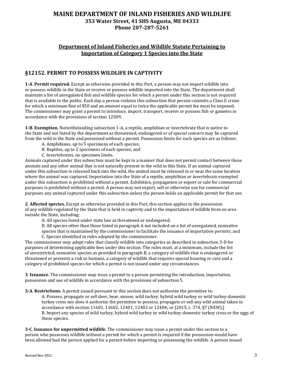 Wildlife Importation Permit Application for Category 1 Restricted Species - Maine, Page 3