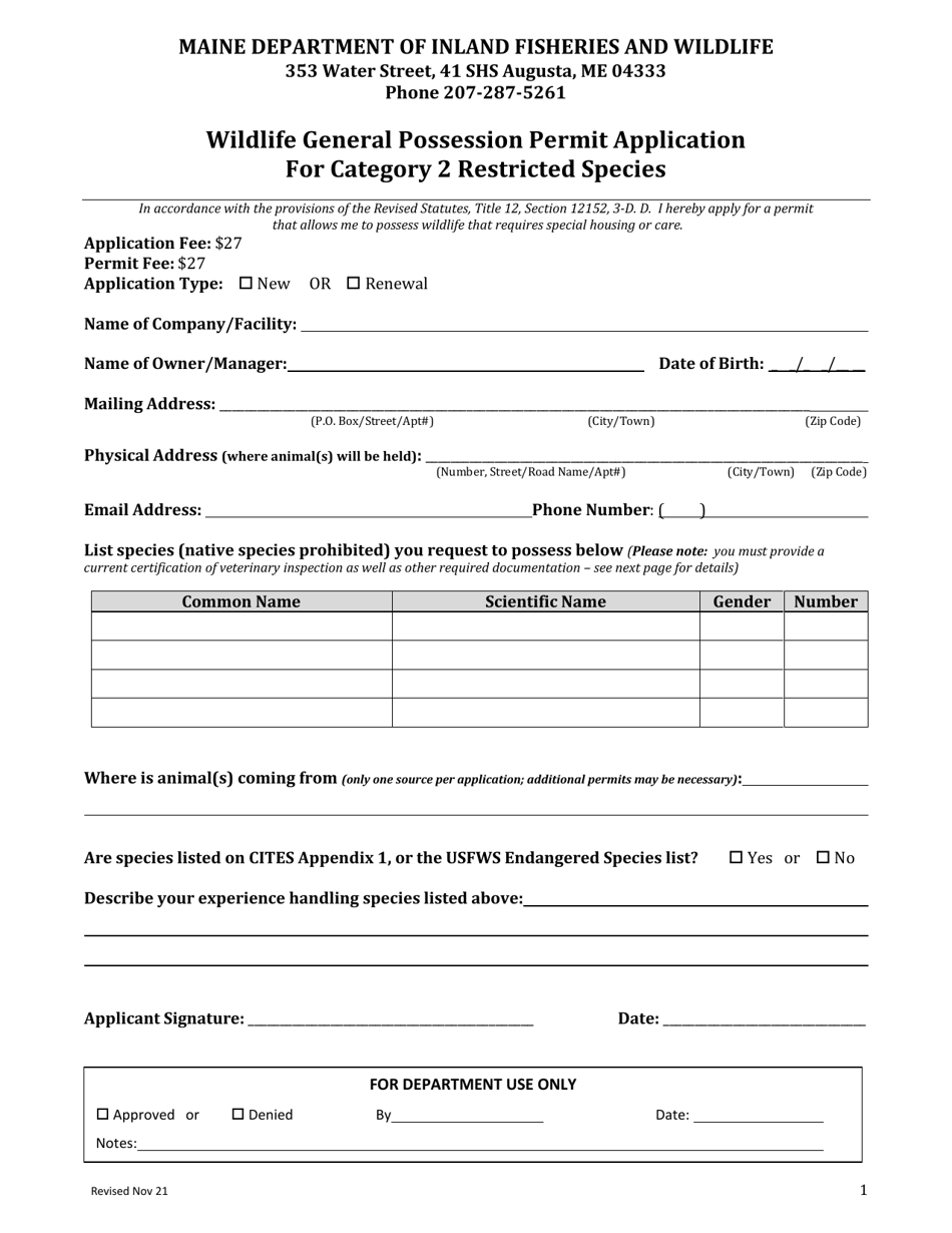 Wildlife General Possession Permit Application for Category 2 Restricted Species - Maine, Page 1